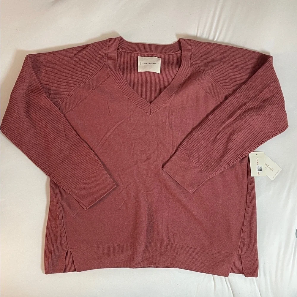 Lucky Brand V-Neck Cotton Cashmere Sweater - Mauve/Dusty Rose